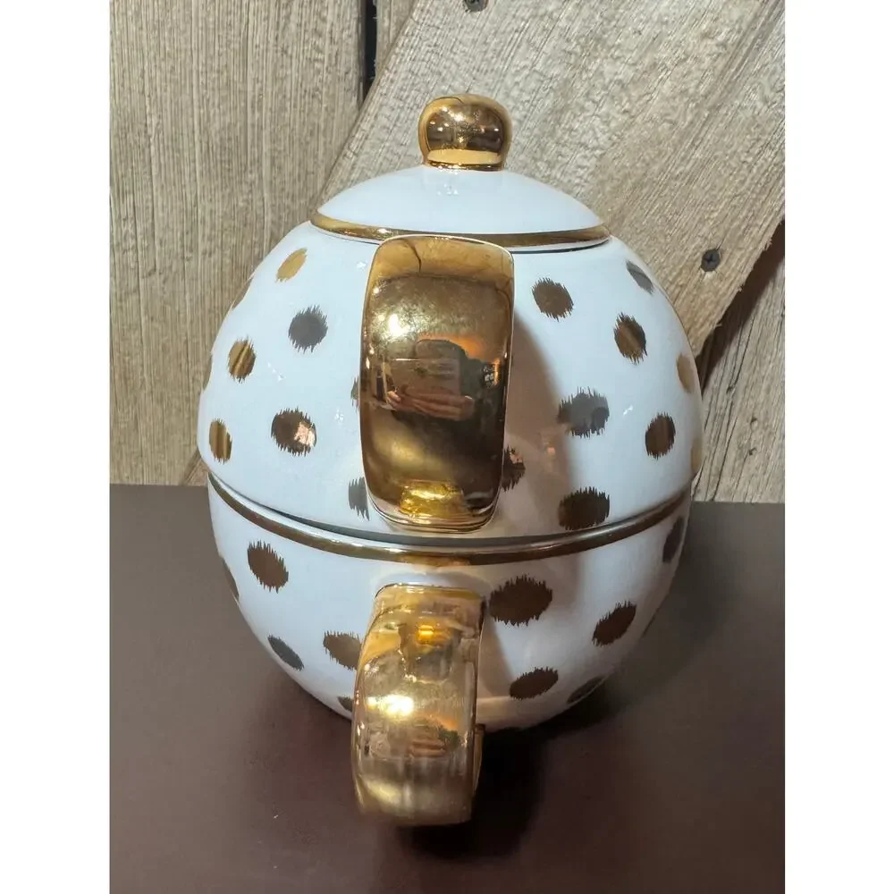 Wonder White With Gold Polka Dot Tea for One Teapot Cup Set Dishwasher Safe